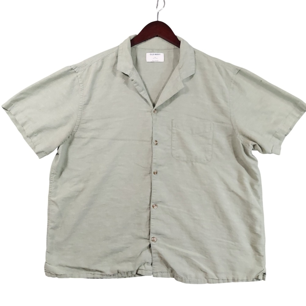 Old Navy Button Down Shirt Men XL Sage Green Linen Blend Short Sleeve Camp Top